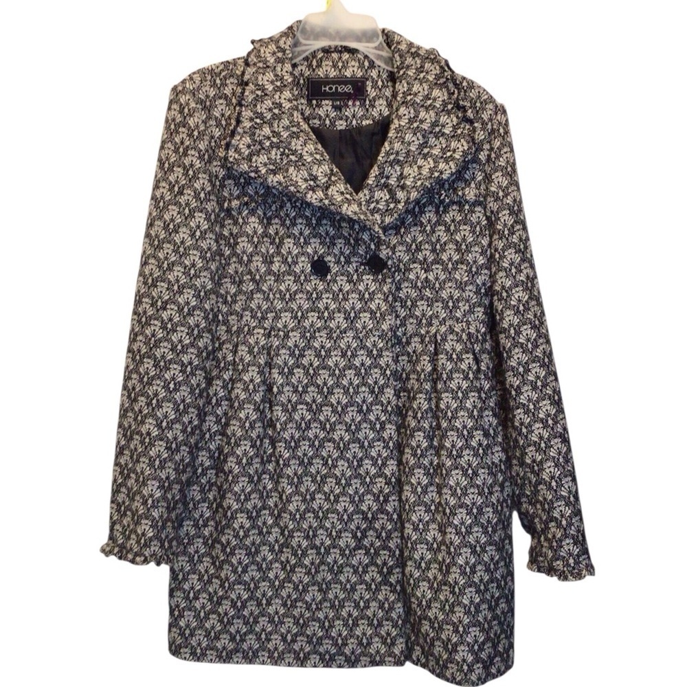 Honee Women’s Patterned Wool Blend Peacoat Jacket Size L Double Breasted Lined